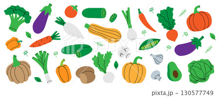 Vegetables. Healthy eating. Pepper, carrot, tomato, garlic, mushroom, avocado, pumpkin, broccoli, cabbage, turnip, zucchini, onion, radish, eggplant. Vegetables. Healthy eating. Pepper, carrot, tomato, garlic, mushroom, avocado, pumpkin, broccoli, cabbage, turnip, zucchini, onion, radish, eggplant. 130577749