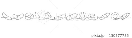 Sausage set. Smoked sausages one line continuous drawing. Vector illustration. 130577786