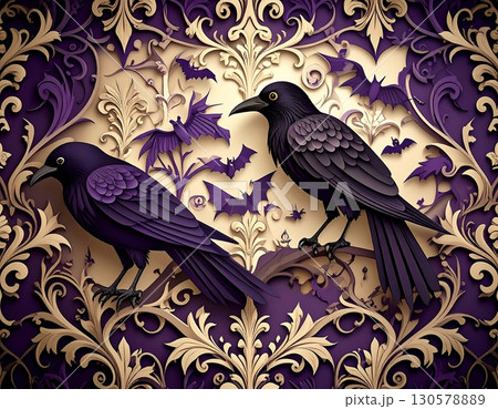 Elegant Halloween design with dark crows, bats, and floral decorations in a paper craft gothic style. High quality illustration 130578889
