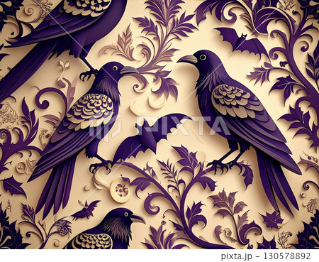 Stylish seamless pattern with purple ravens, bats, and ornamental foliage. Artistic Halloween design with a dark yet elegant vibe. High quality illustration 130578892