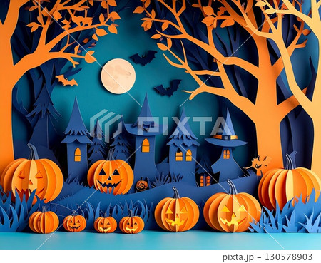 Paper cut style Halloween illustration with glowing pumpkins, haunted houses, bats, and full moon in a spooky forest setting High quality illustration 130578903