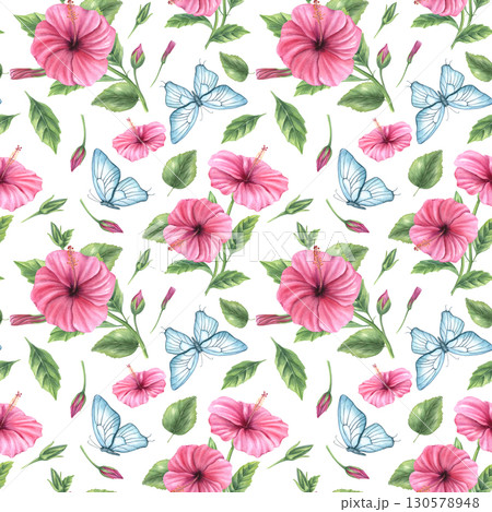 Tropical pink flowers and fluttering blue butterflies watercolor seamless pattern on isolated background. Hand painted hibiscus flowers with delicate moth illustration for textiles, wallpaper design Tropical pink flowers and fluttering blue butterflies watercolor seamless pattern on isolated background. Hand painted hibiscus flowers with delicate moth illustration for textiles, wallpaper design 130578948