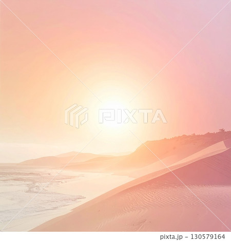 Pink and Orange Sunset over Sandy Beach and Dunes 130579164