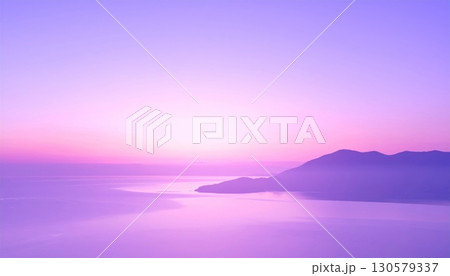 Pink And Purple Sunset Over Misty Ocean And Mountain 130579337