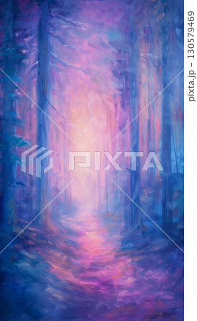 Magical Forest Path with Sunlight, Beams of Light, Purple Hues , Blue Trees, Enchanted Forest 130579469