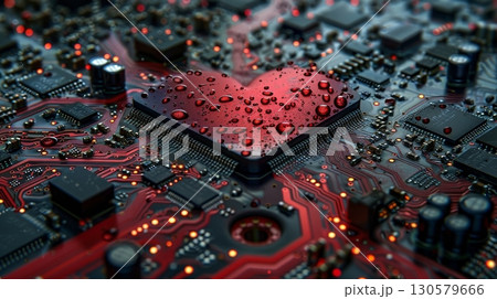 Abstract Technological Heart Chip with Complex Electronic Design on a Computer Motherboard Concept 130579666