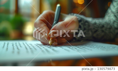 Artistic Hand Captured in the Moment of Writing Elegant Script with a Vintage Fountain Pen on Paper 130579873