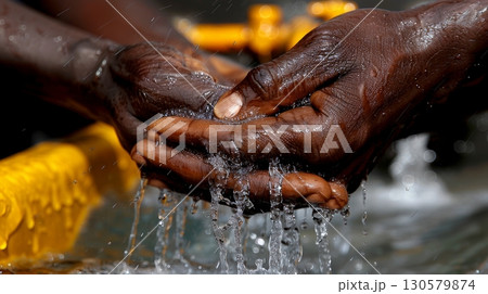 African Hands Catching a Drop of Fresh Water, Symbolizing Water Resource Management and Scarcity. water shortage 130579874
