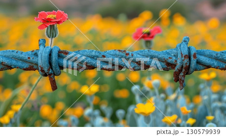 Resilience in Nature A Bloom Survives Behind Fenced Blue Barbwire, Symbolizing Growth and Hope 130579939