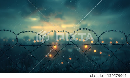 Barbed Wire Fence Silhouette at Dusk Over City Under Rain, Symbolizing Security and Control. 130579941