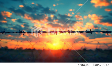 Barbed Wire Silhouette Against a Vibrant Orange Sunrise Offering a Symbol of Confinement and Hope 130579942