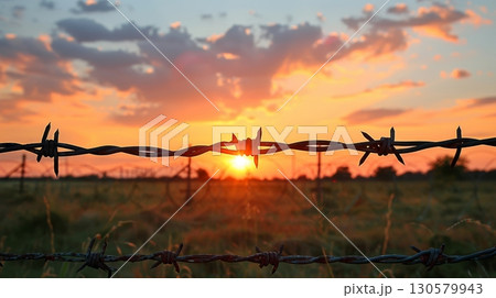 Rural Majesty A Serene Landscape with Barbed Wire Silhouette at Dusk, Protecting Nature s Beauty 130579943