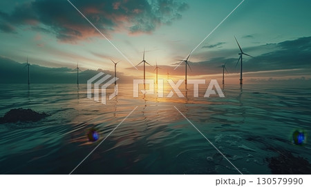 Stunning Offshore Wind Turbines Against a Vibrant Sunset Sky, Symbolizing Sustainable Energy Future 130579990