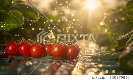 Vibrant Fresh Tomato Harvest in Greenhouse Under Natural Sunlight with Thriving Spinach Nearby Vibrant Fresh Tomato Harvest in Greenhouse Under Natural Sunlight with Thriving Spinach Nearby 130579993