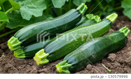 Freshly Harvested Organic Zucchini and Vegetables from the Garden for Healthy Eating Choices 130579998