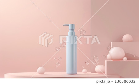 Minimalistic Facial Care Pump Bottle for Women Essential Cleansing Product Launch on Stage 130580032