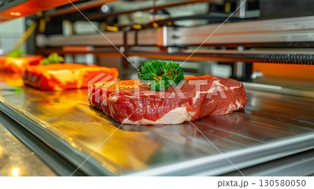 Futuristic Kitchen with Advanced Technology for Automated Precision Food Making and Lab-Grown Beef 130580050