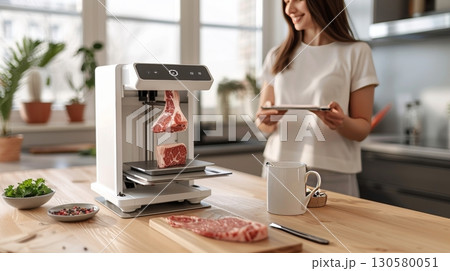 Futuristic kitchen featuring advanced 3D food printer creating lab-grown meat filet on wooden table 130580051