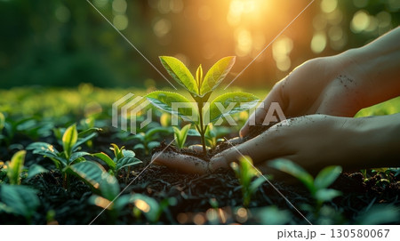 Hands Caring For Young Plant In The Morning Light, Protecting New Life For Sustainable Environment 130580067