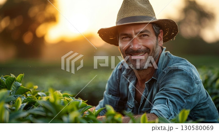 Dedicated Farmer Standing Proudly in Sunlit Field Surrounded by Lush Crops and Clear Blue Skies 130580069