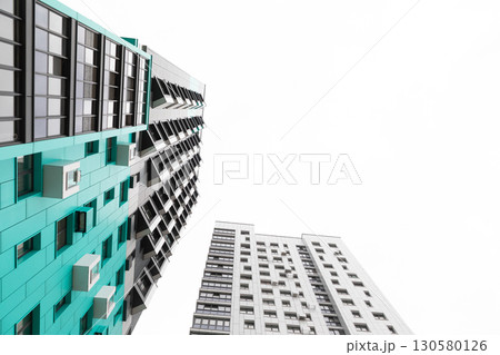 Modern high-rise apartment buildings in a residential area highlighting rental and mortgage options 130580126