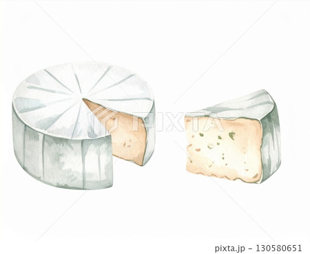 Watercolor Painting of Round Cheese and Slice 130580651