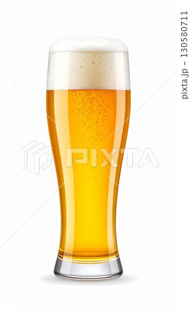 Golden Beer in a Tall Glass Against White Background 130580711