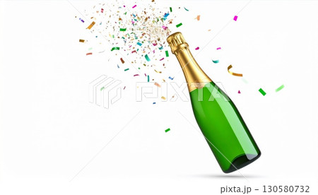 Green Champagne Bottle Popping with Colorful Confetti Green Champagne Bottle Popping with Colorful Confetti 130580732