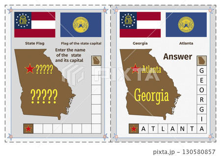 Geography of the USA for children. Question and answer. Flags, names, outline of the state and capital of Georgia. Crossword illustration. Geography of the USA for children. Question and answer. Flags, names, outline of the state and capital of Georgia. Crossword illustration. 130580857
