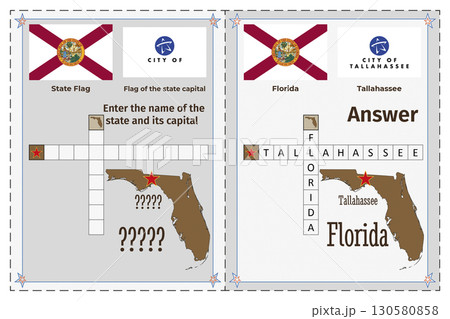 Geography of the USA for children. Question and answer. Flags, names, outline of the state and capital of Florida. Crossword illustration. Geography of the USA for children. Question and answer. Flags, names, outline of the state and capital of Florida. Crossword illustration. 130580858