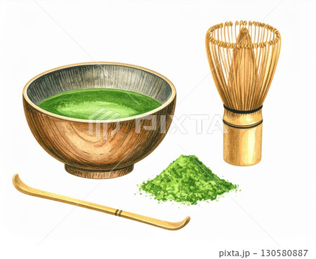 Matcha Tea Ceremony: Watercolor Illustration of Bowl Whisk and Powder 130580887