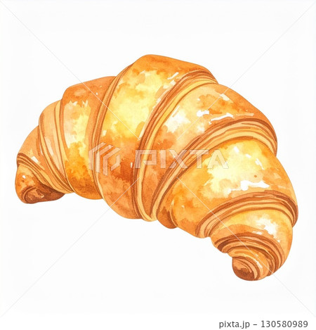 Buttery Golden Croissant Watercolor Illustration 130580989