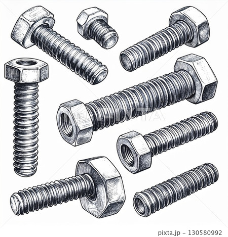 Detailed Close Up of Bolts and Nuts Illustration 130580992