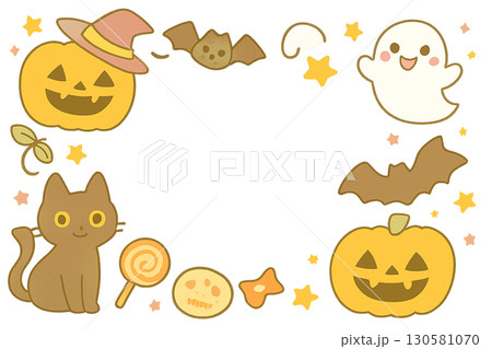 ハロウィンの可愛い囲み枠素材｜ジャックオランタン＆クロネコ＆おばけ 130581070