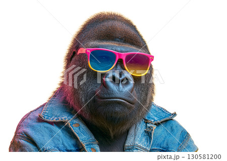 カラフルなサングラスとデニムを着たクールなゴリラ 130581200