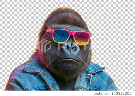 一隻戴著彩色太陽眼鏡和牛仔褲的酷大猩猩 130581200