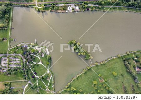 Aerial drone view over tranquil Boating lake in Nagykanizsa, Hungary. 130581297