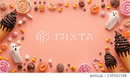 可愛いオバケとお菓子のハロウィンフレーム。ピンクの背景に並べられたスイーツのフラットレイ。 130581596