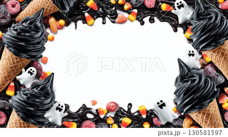 黒いソフトクリームと可愛いオバケのハロウィンフレーム。リアルで美味しそうなスイーツの背景素材。 130581597