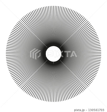 Radial circle lines. Circular lines element, shape. Spokes with radiating stripes. Symbol of Sun star rays. Flat design element. Abstract illusion geometric grid. Vector graphic illustration.  130581703