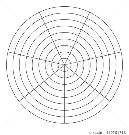 Wheel of life template. Circle diagrams of life style balance. Simple coaching tools for visualizing all areas of life. Polar grid. Blank polar graph paper. Segments infographic. Diagram wheel parts. 130581718