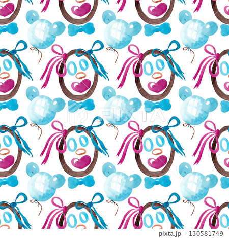 Funny abstract faces and balloons. Watercolor illustrations. Seamless cheerful pattern for design of children's clothes, textiles and umbrellas 130581749
