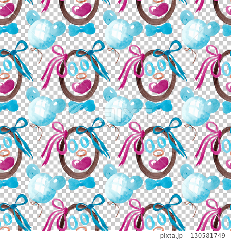 Funny abstract faces and balloons. Watercolor illustrations. Seamless cheerful pattern for design of children's clothes, textiles and umbrellas 130581749
