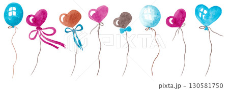 Border of colorful balloons. Watercolor isolated illustrations for your festive design 130581750