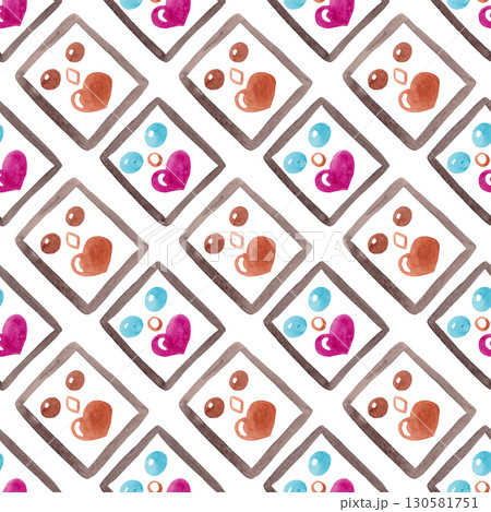 Funny abstract cards made of watercolor elements: frames, beads and hearts. Diagonal drawing. Seamless colorful pattern for your design. Ideal for home textiles, umbrellas and children's clothing 130581751