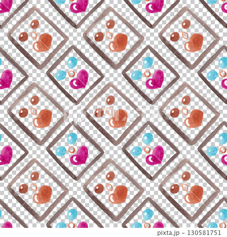Funny abstract cards made of watercolor elements: frames, beads and hearts. Diagonal drawing. Seamless colorful pattern for your design. Ideal for home textiles, umbrellas and children's clothing 130581751