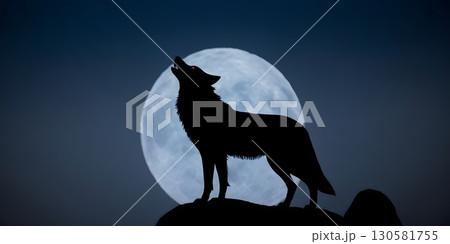 Wolf howling at full moon on rocky hill with dramatic night sky. for book covers, posters 130581755