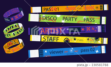 Y2k event party bracelet design. Retro modern pass ticket set for nightclubs entrance access. Identification wristband labels for entry, viewers and artists id ribbon patterns. Vector illustration. 130581788