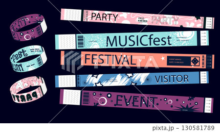 Y2k event party bracelet design. Retro modern pass ticket set for nightclubs entrance access. Identification wristband patterns for visitors entry, id labels for security control. Vector illustration. 130581789
