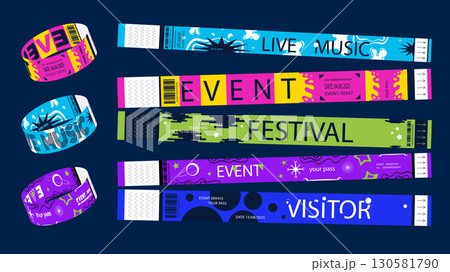 Y2k event party bracelet design. Retro modern pass ticket set for nightclubs entrance access. Colourful vibrant identification wristbands for night show performance visitor entry. Vector illustration. 130581790